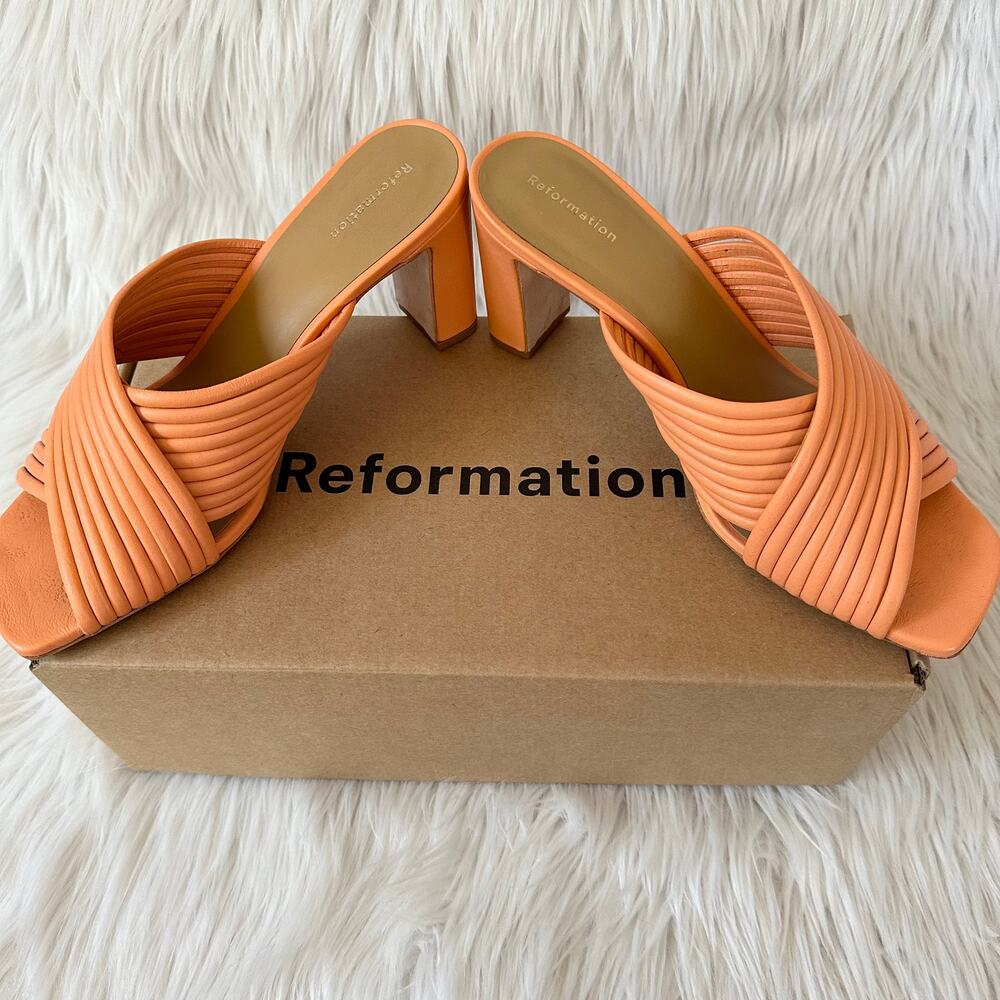 REFORMATION Lila Tubular Heeled Leather Sandals Mules Square Toe Block Heels - Picture 13 of 15